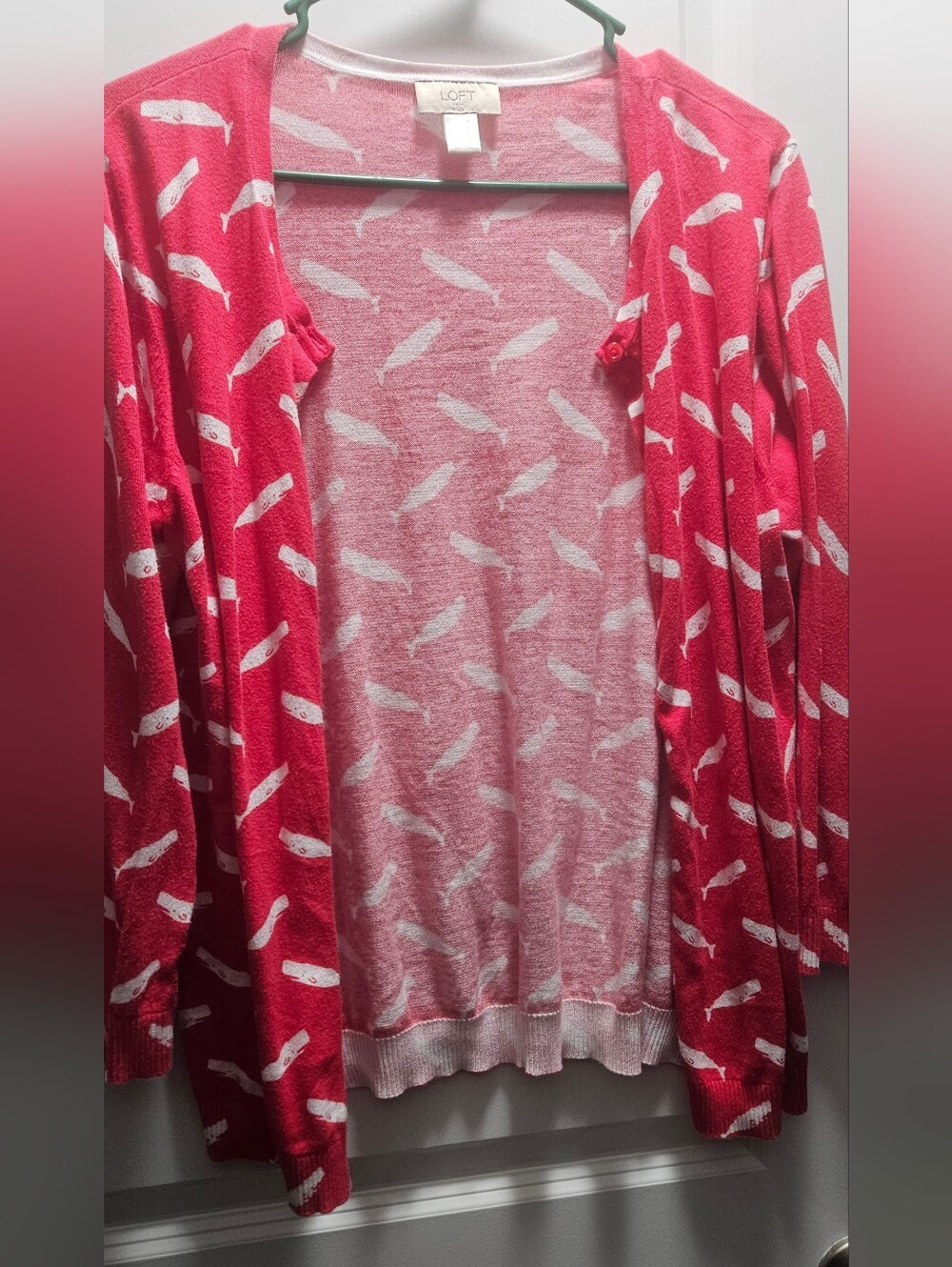 LOFT Red Open Cardigan with White Whale Print